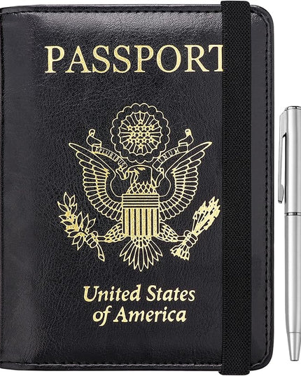 WALNEW Passport Holder for Travel, RFID Passport Cover Wallet for Women Men, PU Leather Passport Book Card Holder Case with Pen, Travelling Essentials for Flying