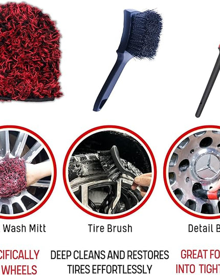 Metal Free Microfiber Wheel Brush Kit- Microfiber Angled Wheel Brush, Long Handle Wheel Brush, Tire& Detailing Brush, Wheel Wash Mitt. Hands-On Wheel Detailing Kit for Daily Wheel Cleaning