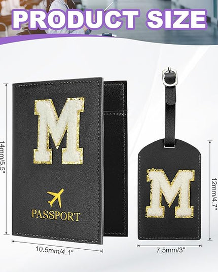 PATIKIL Passport Holder for Travel, Initial Passport Cover and Luggage Tag Set with Alphabet Chenille Letter Patch Travel Wallet Bag Suitcase Identifier for Women Family Travel Black M