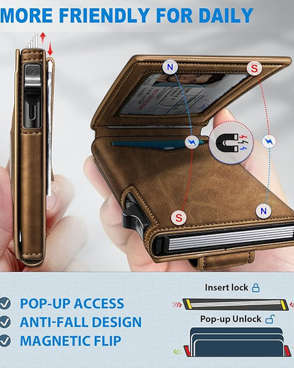 miyozi Airtag Wallet for Men Money Clip 9-Card Pop-Up Credit Card Holder with ID Window RFID Blocking Metal Case Magnetic Closure Front Pocket Wallet Gift Box | with Money Clip, Gift Boxed, Slim, RFID Blocking, Pop-up Card Case, Flip
