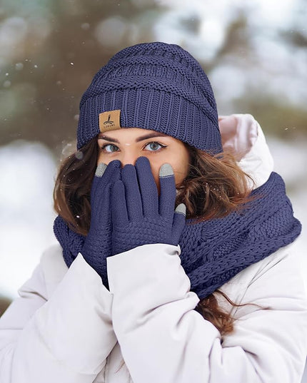 Winter Beanie Hat Scarf Gloves, Warm Fleece Knit Hats Touch Screen Gloves Neck Scarf Set Winter Gifts for Unisex Adult