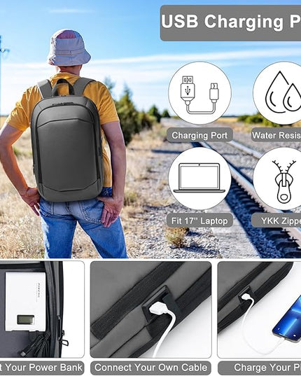 hk Business Backpack for Men 17 Inch,Slim & Expandable Waterproof Travel Laptop Backpack with USB Charger Port (Dark Grey)