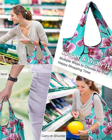 BeeGreen 10 Pack Washable Floral Grocery Bags for Shopping Reusable Tote Bags Extra Large 50LBS Cute Flower Design Foldable Reusable Bags for Women Men Lightweight Durable