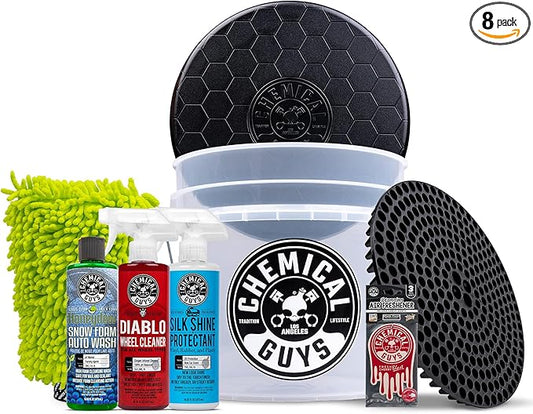 Chemical Guys 8-Piece Arsenal Builder Car Wash Kit - Includes Bucket, Dirt Trap, Lid, Wash Mitt, Air Fresheners & (3) 16 oz Car Care Chemicals, Complete Cleaning Kit for Trucks, SUVs & More
