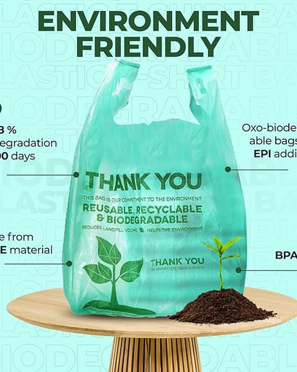 500 Biodegradable Compostable Thank You Plastic Bags - Grocery Shopping Bags with Handles [12" X 6.5" X 22"] Eco Friendly Green Plastic T Shirt Bags for Small Business Restaurant Supplies Retail Store