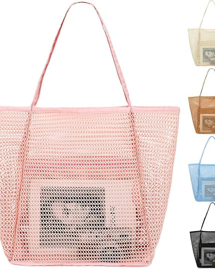 Mesh Beach Bag, Large Beach Tote with Zipper Pocket, Toys Pool Bag for Family Travel Vacation Cruise Essentials