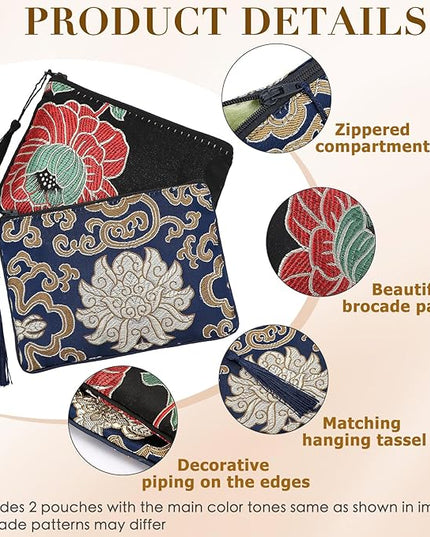 kilofly 2 pc Chinese Silk Brocade Padded Tassel Zipper Jewelry Bag Gift Pouch set2 A