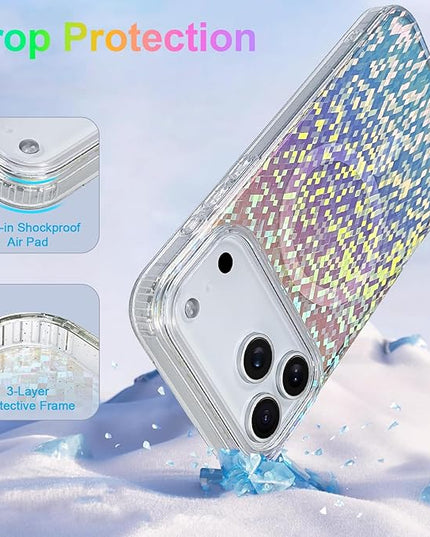 Glitter Case for iPhone 17 Pro Max Case for Women Girls [Compatible with Magsafe] Clear Cute Girly Aesthetic Colorful Iridescent Rainbow Sparkly Sparkle Bling Magnetic Protective Phone Cover