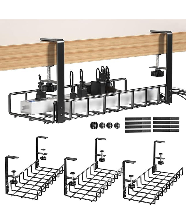 3 Pack Cable Management Under Desk Tray, 47.1" No Drill Under Desk Wire Management with Upgraded Clamp, Metal Cord Organizers with Cable Organizers, PC Cord Organization Rack, Black