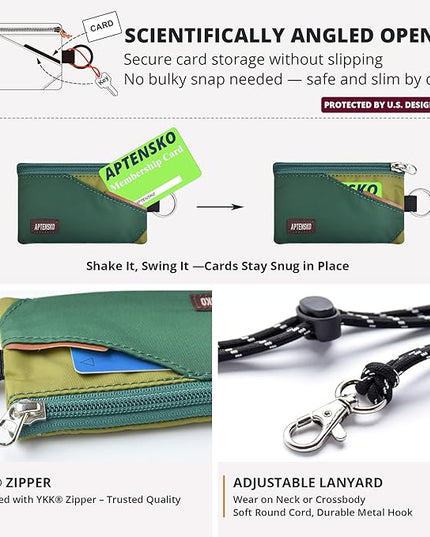 RFID Travel Wallet with Adjustable Lanyard-Zipper Small Wallet with ID Card Holder, Keychain for women&men-Minimalist Slim Waterproof Nylon case for ID, Cash, Key (ForestGreen+OliveGreen)