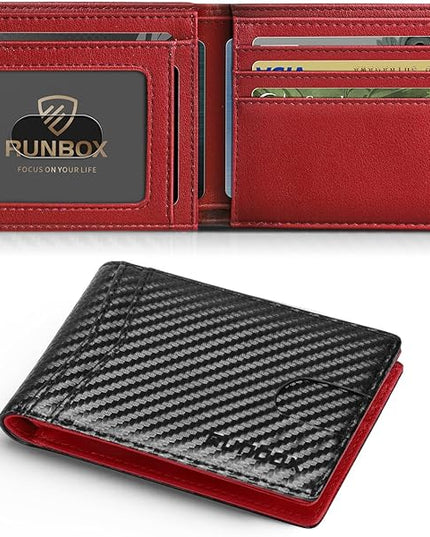 RUNBOX Wallet for Men Slim Leather Bifold RFID Blocking Minimalist Front Pocket Design with Gift Box