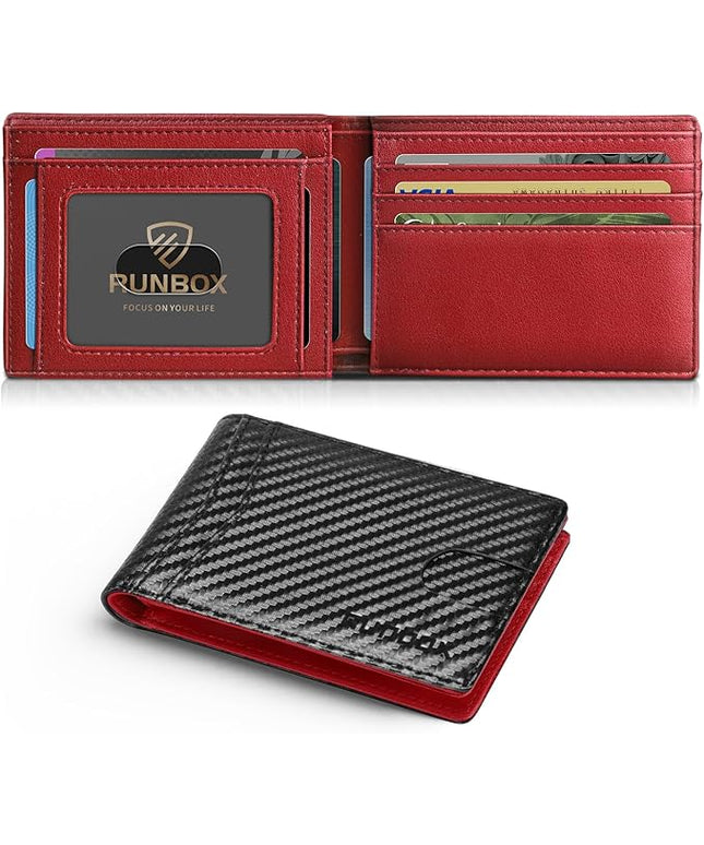 RUNBOX Wallet for Men Slim Leather Bifold RFID Blocking Minimalist Front Pocket Design with Gift Box
