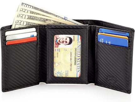 Stealth Mode Trifold Wallet - RFID Blocking Wallet with Flip ID Holder - Leather Case for Money, Credit Cards - Mens Organizer, Divided Billfold, Identity Protection - Men's Gifts (Carbon Fiber) | RFID Blocking Wallet, Flip ID Holder, Leather Case, Mon...