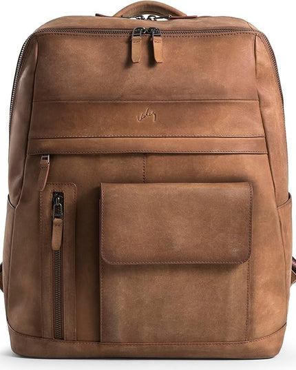 VELEZ Brown Leather Backpack for Men & Women - Large Capacity Laptop Travel Backpack with 17" Sleeve - Vintage Travel Bag with Adjustable Straps, Multiple Pockets & Trolley Sleeve