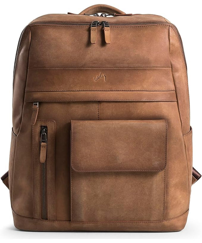 VELEZ Brown Leather Backpack for Men & Women - Large Capacity Laptop Travel Backpack with 17" Sleeve - Vintage Travel Bag with Adjustable Straps, Multiple Pockets & Trolley Sleeve