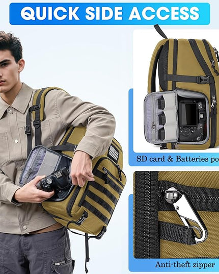 SDYSM Camera Backpack Bag Professional for DSLR/SLR Mirrorless Camera Waterproof 15.6 inch Tactical Camera Bags for Photographers with Rain Cover, Tripod Holder, Small Bag Photography Backpack Case