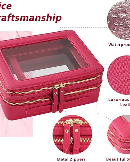 Aveniee XL Clear Makeup Organizer,Double Layer Travel Cosmetic Case with Brush Holder & Zippered Compartments,Big Toiletry Bag for Travel Accessories,2 Layers Large,Hotpink