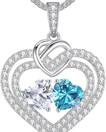 LOUISA SECRET Sparkling Double Heart Birthstone Necklaces for Women, 925 Sterling Silver Fine Jewelry, Pendant Heart Necklaces Birthday Anniversary Christmas Gift for Women Wife Mom Girlfriend Lady