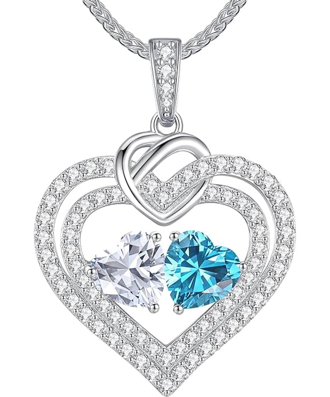 LOUISA SECRET Sparkling Double Heart Birthstone Necklaces for Women, 925 Sterling Silver Fine Jewelry, Pendant Heart Necklaces Birthday Anniversary Christmas Gift for Women Wife Mom Girlfriend Lady