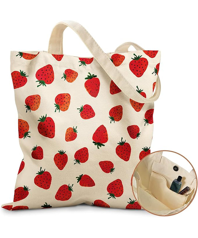Aesthetic Tote Bag for Girls - with Magnetic Buckle and Zipper Inner Pocket for Women Lady Canvas Cotton Tote Bag