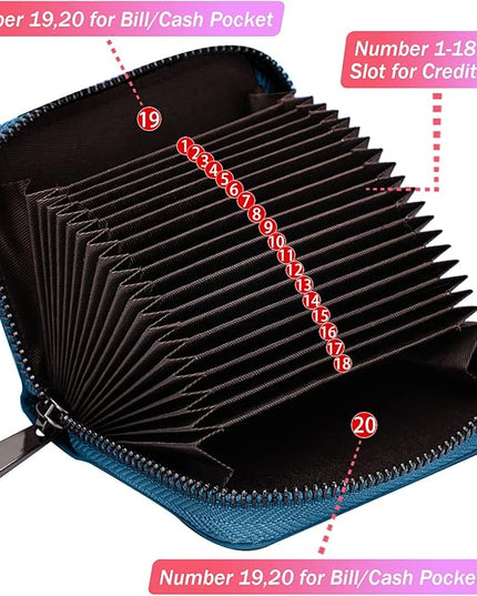 Linno RFID 20 Slots Credit Card Holder Genuine Leather Small Wallet for Women or Men with Zipper