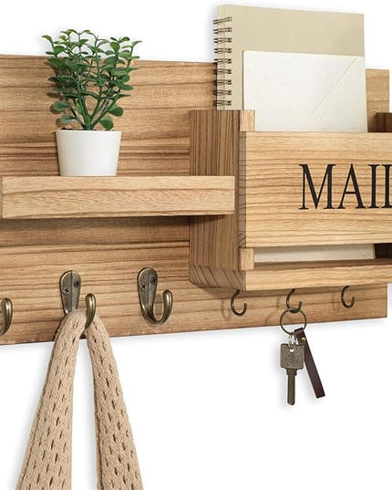 Lwenki Mail Organizer for Wall Mount – Key Holder with Shelf Includes Letter Holder and Hooks for Hallway Farmhouse Decor – Rustic Wood with Flush Mounting Hardware (16.5” x 9.1” x 3.4”) (Wood)