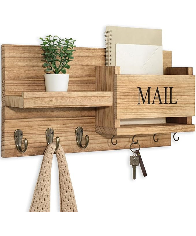 Lwenki Mail Organizer for Wall Mount – Key Holder with Shelf Includes Letter Holder and Hooks for Hallway Farmhouse Decor – Rustic Wood with Flush Mounting Hardware (16.5” x 9.1” x 3.4”) (Wood)