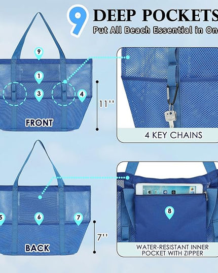 Mesh Beach Bag, Large Beach Tote with Zipper Pocket, Toys Pool Bag for Family Travel Vacation Cruise Essentials