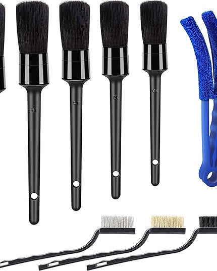 9pcs Auto Car Detailing Brush Set/ Interior Cleaning Kit Includes 5 Soft Premium Detail Brush, 3 Wire Brush & 1 Vent Cleaning Brush for Cleaning Interior, Dashboard, Engines, Leather, Wheel