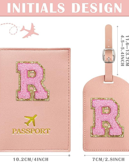 COSHAYSOO Initial Passport Cover Luggage Tag Set Letter Passport Holder Airplane Cruise Travel Essentials Vacation Traveling Accessories Personalized Gifts for Women Teen College Girls Pink R