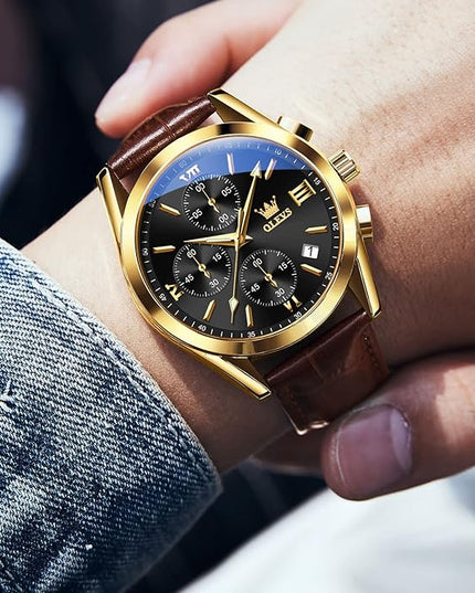 OLEVS Leather Chronograph Watch Men - Leather Strap (Brown/Black), Work Luminous Waterproof Analog Quartz Dress Wrist Watch with Blue/Black/Brown/White Dial