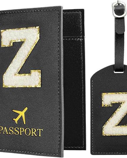 PATIKIL Passport Holder for Travel, Initial Passport Cover and Luggage Tag Set with Alphabet Chenille Letter Patch Travel Wallet Bag Suitcase Identifier for Women Family Travel Black Z