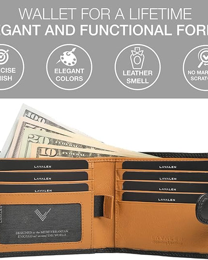 Lavalen Soft Leather Wallet for Men – Genuine Bifold with Zipper Coin Pocket – Holds Bills, Credit Cards, Coins – RFID Blocking Protection – Stylish, Durable & Practical Leather Wallet for Men