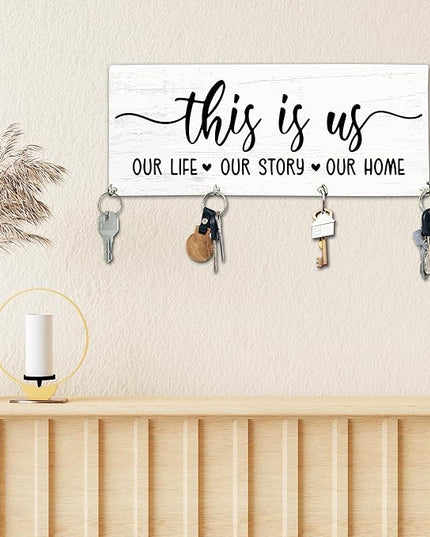 Yhtmbf This is Us Wooden Key Holder for Wall - 5"x10" Key Organizer Hanger with 4 Hooks for Home Front Door Hallway Entryway Kitchen - Home Office Decor & Housewarming Gifts Supplies - A05