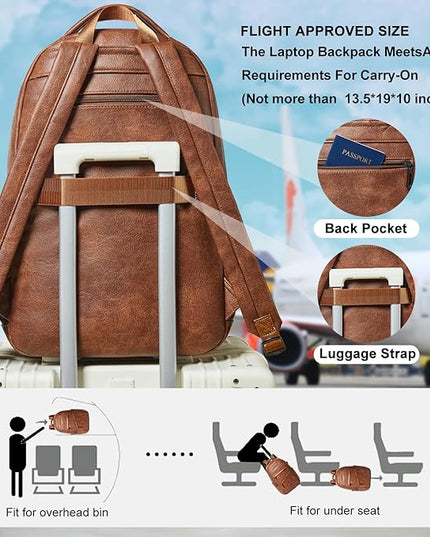 43L Backpack for Women Men - Vegan Leather Backpack Purse Travel Carry-on Bag College Bookbag Work fits 17" Laptop, Brown