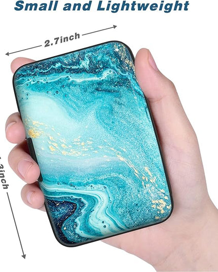 Atufsuat Credit Card Holder, Mini Aluminum Card Wallet RFID Blocking Slim Metal Hard Card Case for Women Men, Blue Ocean Marble