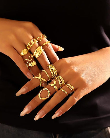 Chunky 14K Gold Plated Stackable Rings Set for Women,Vintage Knuckle Rings Dainty Hollow Carved Joint Finger Midi Rings Pack Adjustable Signet Mixed Size