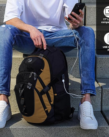 Swissdigital Design Laptop Backpack, Travel Backpack with USB Charging Port Fits 15.6 inches Computer, 31L College School Bookbag for Men,Tan/Black | SD803-34