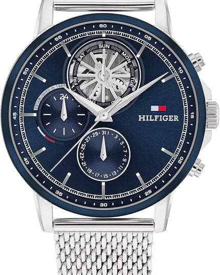 Tommy Hilfiger Men's Multifunction Quartz Watch – 44mm Stainless Steel Case, Double-Layer Dial, Link Bracelet, Skeleton-Inspired Design - Gift for Him