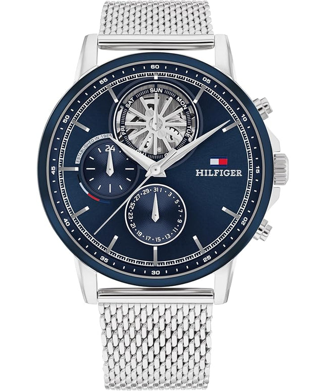 Tommy Hilfiger Men's Multifunction Quartz Watch – 44mm Stainless Steel Case, Double-Layer Dial, Link Bracelet, Skeleton-Inspired Design - Gift for Him