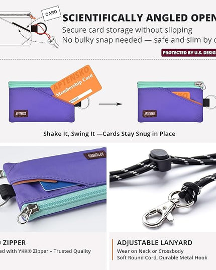 RFID Travel Wallet with Adjustable Lanyard-Zipper Small Wallet with ID Card Holder, Keychain for women&men-Minimalist Slim Waterproof Nylon case for ID, Cash, Key (Violet)