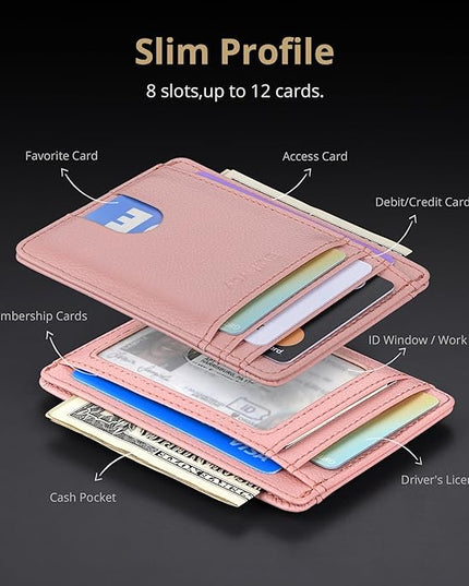 Buffway Slim Minimalist Front Pocket RFID Blocking Leather Wallets for Men and Women - Lichee Pink
