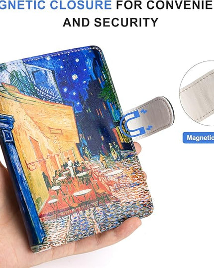 Passport Holder for Travel Essentials, RFID Blocking Passport Wallet Cover with Magnetic Closure, Passport Book Holders for Women and Men (Cafe Terrace at Night)