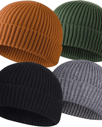 ROYBENS 4 Pack Wool Fisherman Beanies for Men, Knit Short Watch Cap Winter Warm Hats
