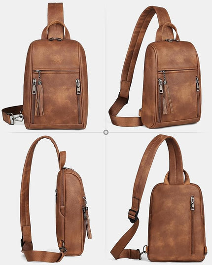 FADEON Sling Bag for Women, Crossbody Backpack with Tassels, Designer Leather Shoulder Chest Bags for Travel