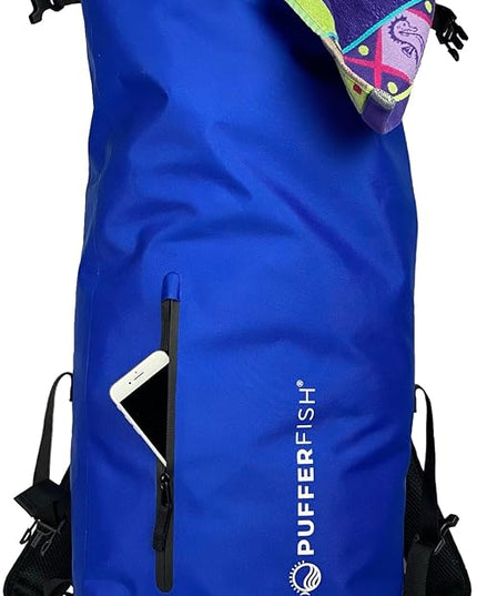 PUFFERFISH Super Sand Bag - Waterproof Roll-Top Beach Backpack, Padded Back and Straps, Multiple Pockets, Recycled Plastic, 35L, Blue