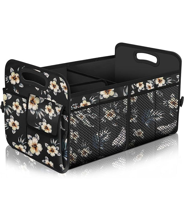 Femuar Car Trunk Organizer,Car Storage Organizer with 72L Large Capacity Waterproof Collapsible and 11 Pockets,Trunk Organizer for Car Suv/Jeep/Sedan, Large Size, Hibiscus flowers