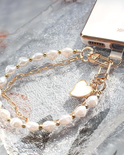 Pearl Beaded Phone Charm Wrist Strap,Cute Bracelet Wristlet Lanyard,Gold Double Chain for Phone Case,Purse Bag Wallet