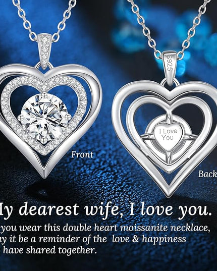ANDSO Moissanite Heart Pendant Necklaces for Women, 925 Sterling Silver Necklace Engraved with 'I LOVE YOU', Ideal Anniversary Birthday Christmas Jewelry Gifts for Mom Wife Girlfriend Daughter Her