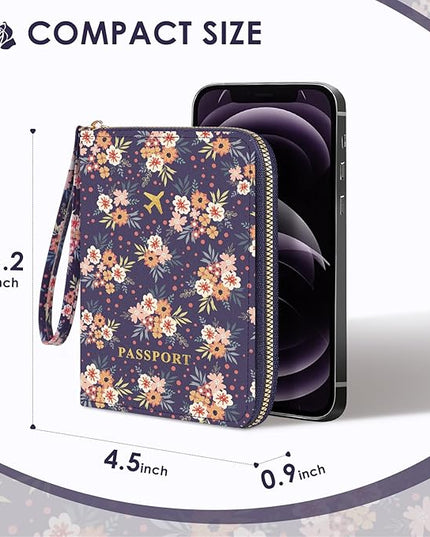 Passport Holder, Passport Holder For Travel, Passport Cover For Travel Essentials, Passport Wallet Cover RFID Blocking, Cute Passport Book for Women and Men, Navy Blue Flowers
